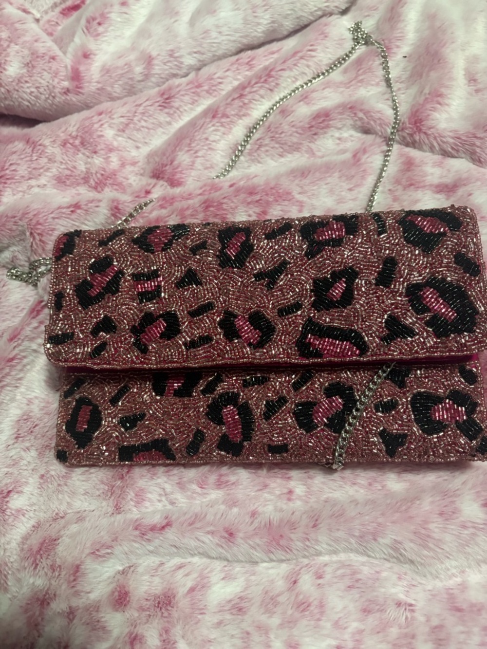 Beaded Pink Leopard Print Crossbody Clutch